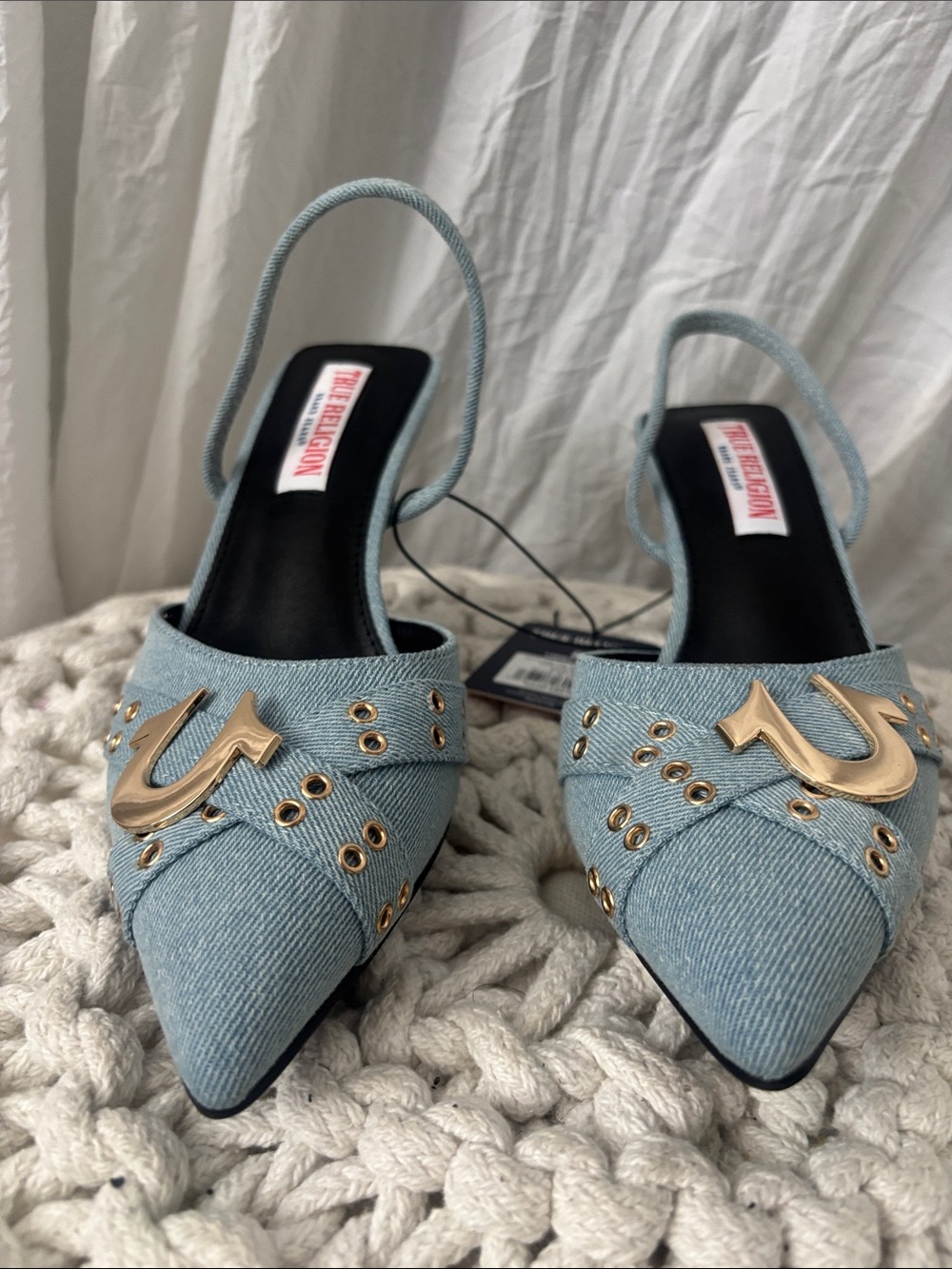 True Religion Light Blue Denim Pointed Slingback Mules with Gold Hardware - Picture 2 of 11